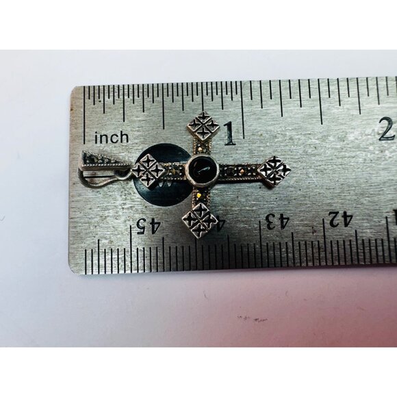 Vintage Sterling Silver 925 Marcasite Onyx Ornate Cross Pendant, 1.46g, No Chain - Picture 6 of 9